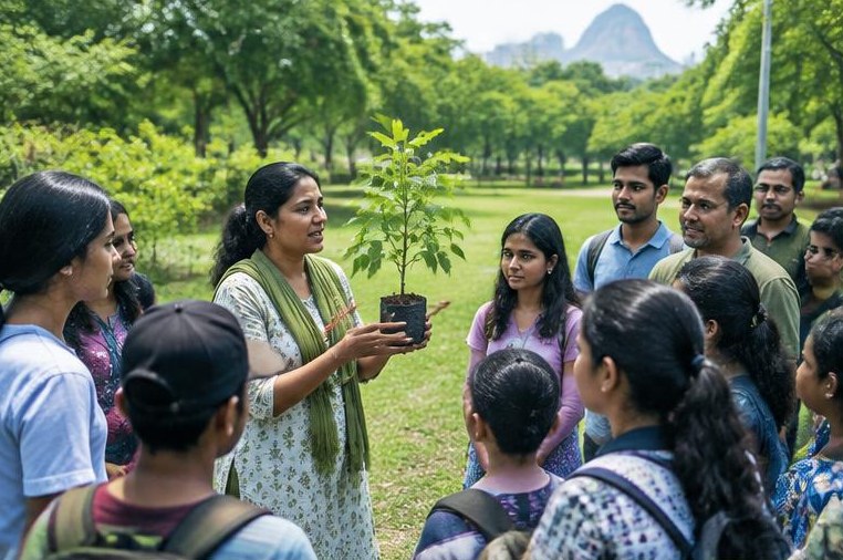 A community discussing environmental care in a green park