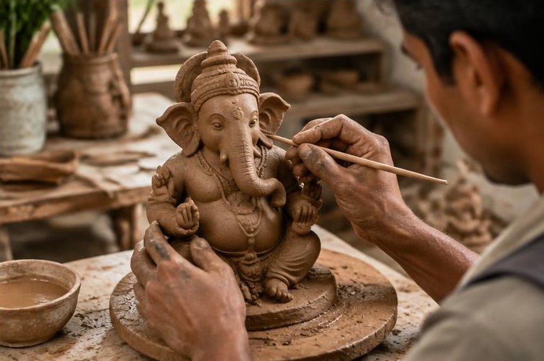 An artisan sculpting an unpainted natural clay Ganesh idol