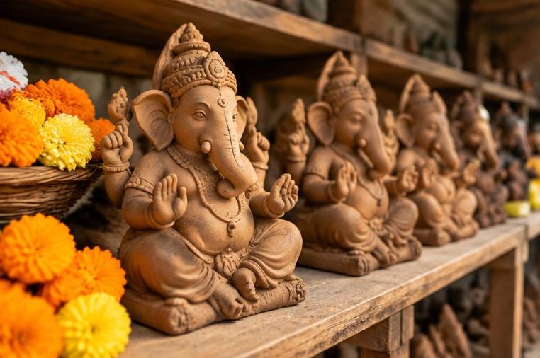 Unpainted natural clay Ganesh idols beside marigold flowers