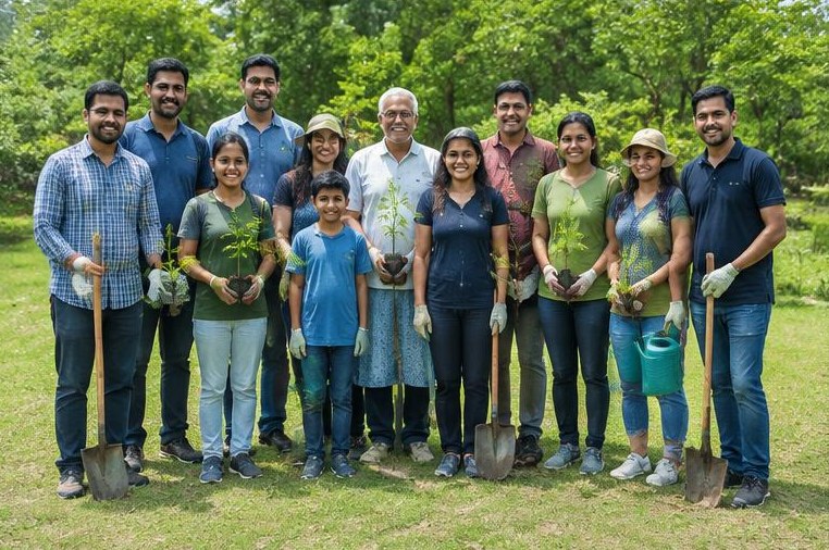 An illustrative group of Indian volunteers holding saplings in a green park