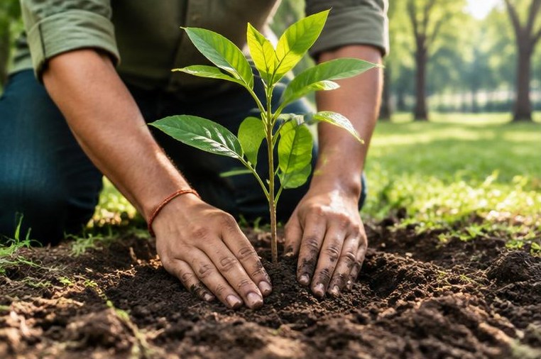 Hands planting a young sapling in fertile soil