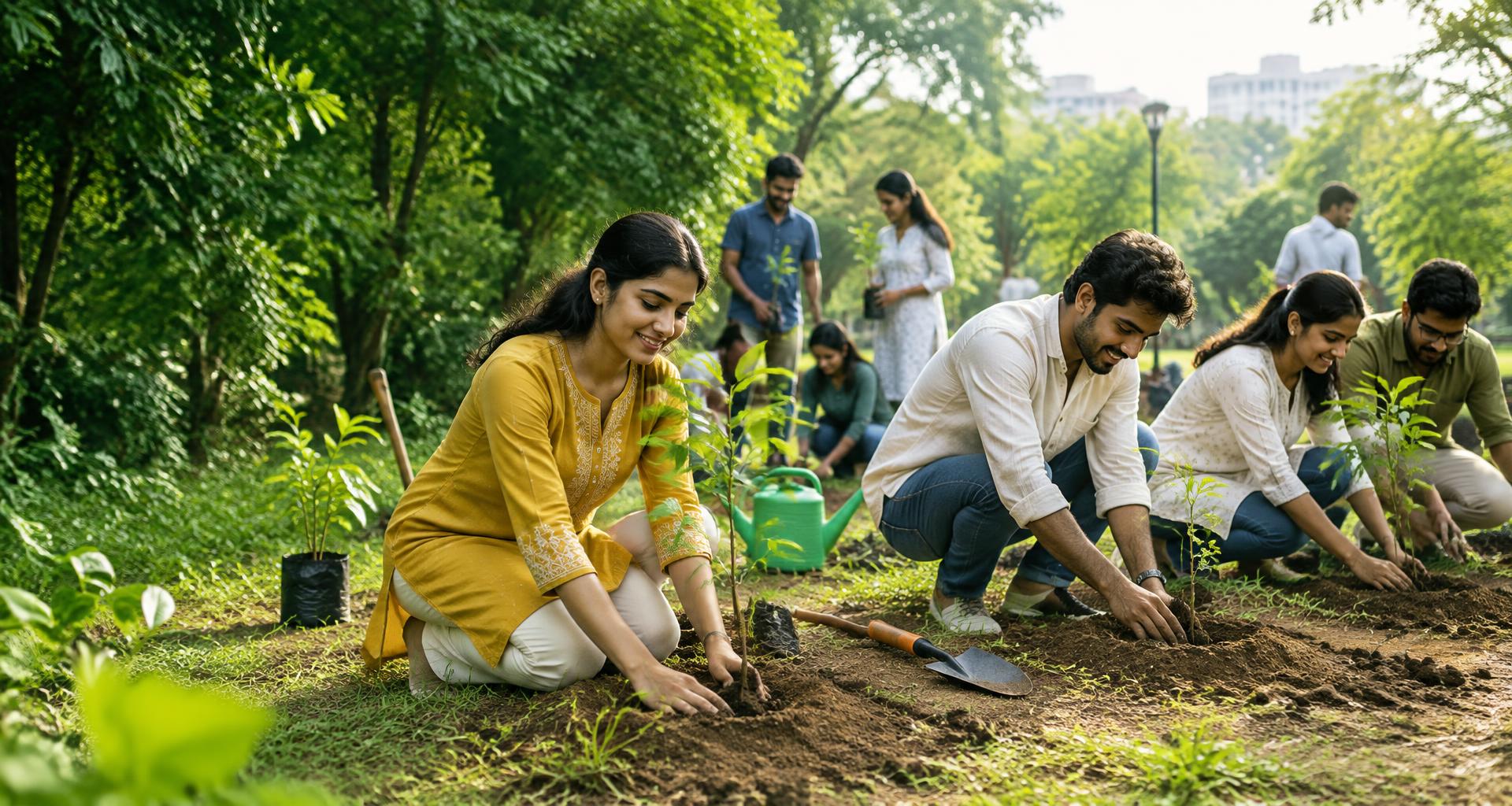 Indian volunteers planting saplings together in a green community park