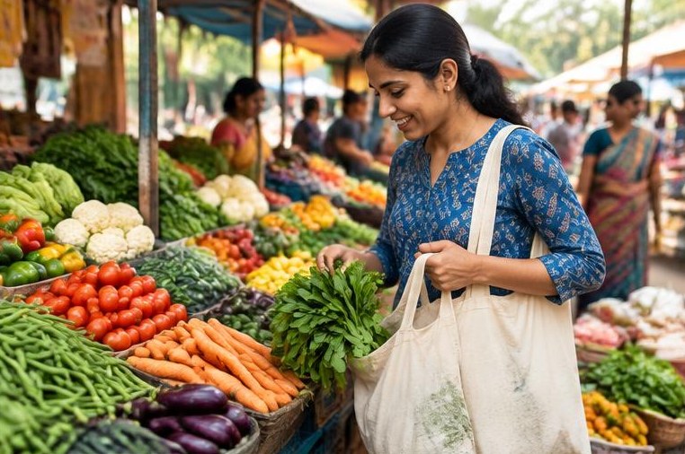 A woman shopping for vegetables with a reusable cloth bag