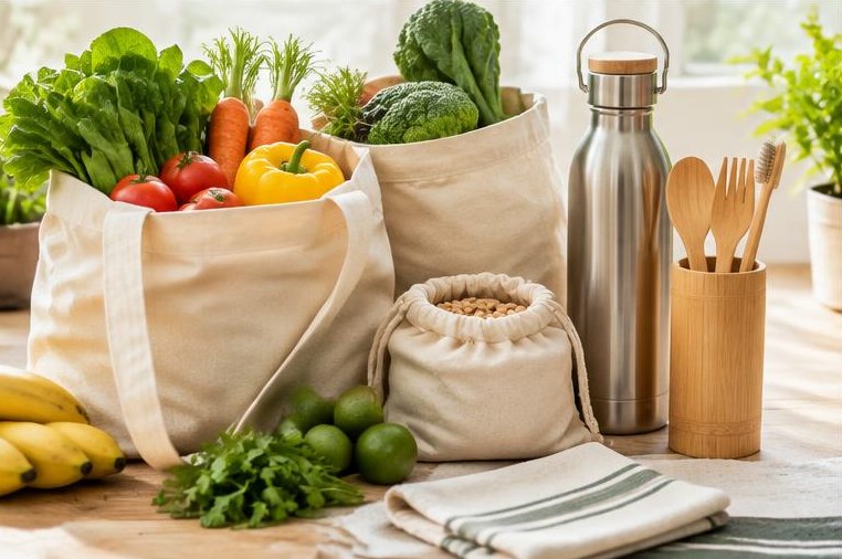 Cloth grocery bags, a reusable bottle and natural everyday items