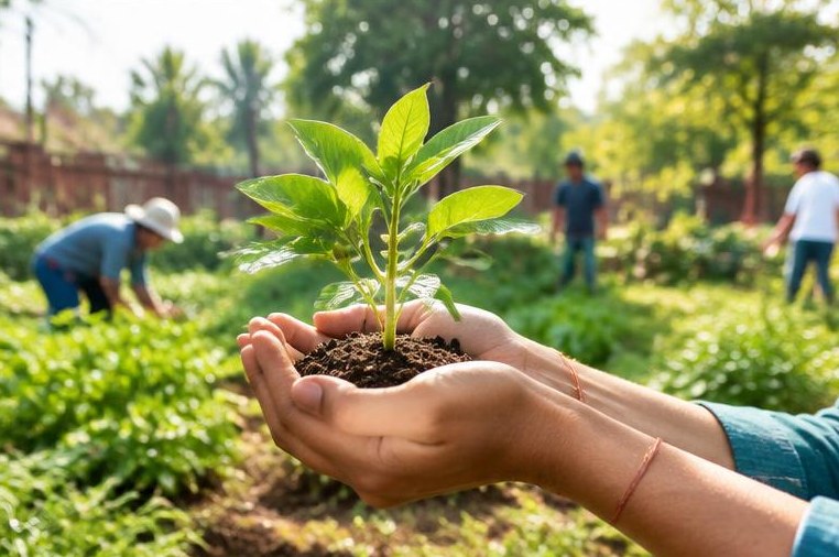 A green sapling held gently in a volunteer’s hands