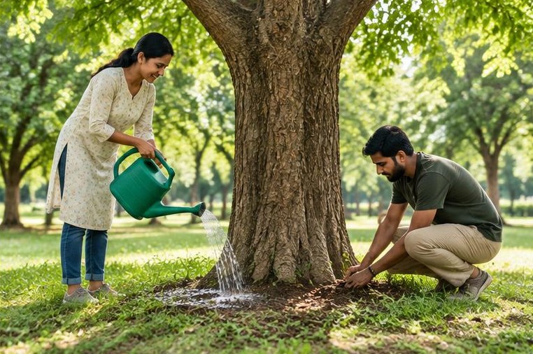 Volunteers watering and caring for a mature tree