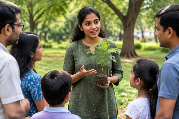 A volunteer sharing environmental knowledge with families