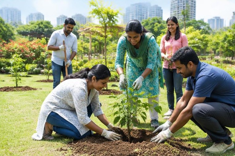 Indian volunteers planting together in a community garden