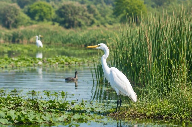 A white egret in a healthy wetland surrounded by green reeds